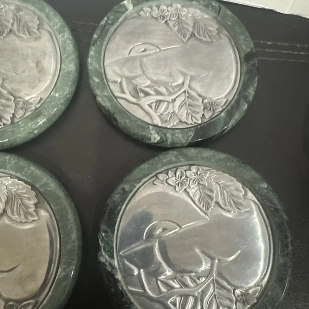 Vintage Green Marble Stone 4 Coaster Set Holder Metal Bird Design Felt Backed